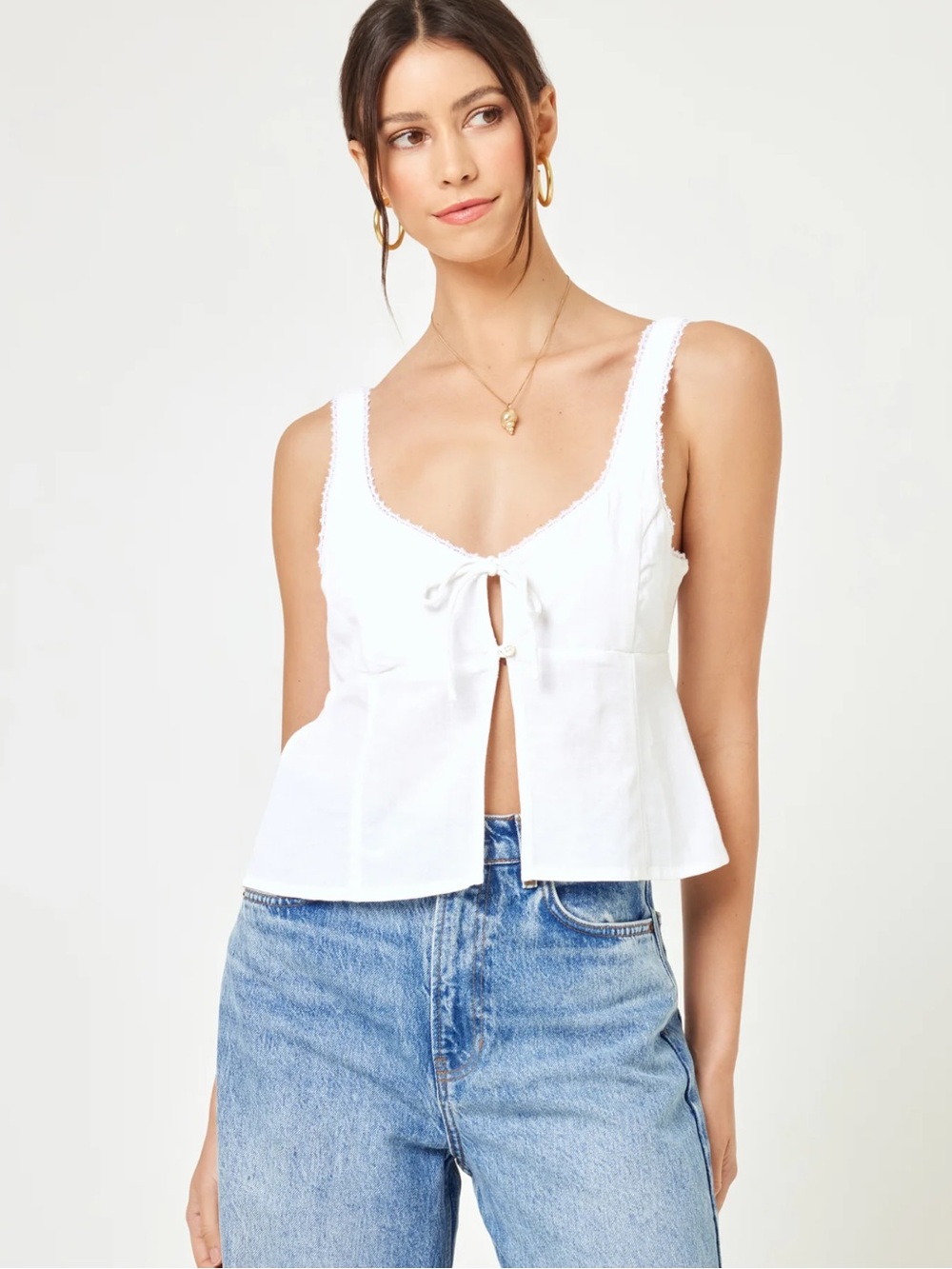 l*space White Tie-Front Lace-Trim Rosa Top